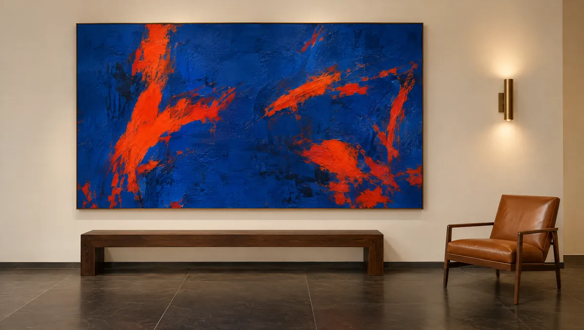 A large cobalt and vermilion painting on a white wall above a walnut bench and a cognac chair.