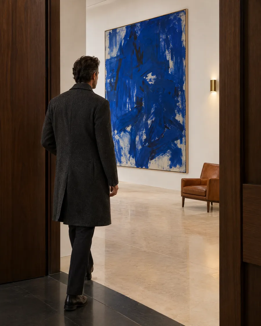 A man in a charcoal overcoat steps through a walnut portal into a white gallery hall with a large cobalt painting.