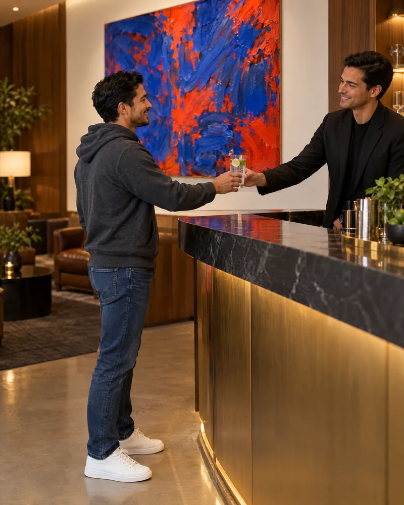 A man in a hoodie and sneakers is handed a glass of water at the bar.