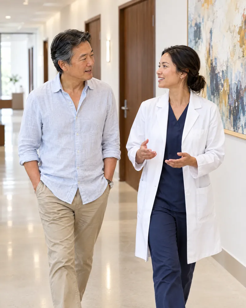 A man in a linen shirt walks the white corridor with a Physician Assistant.