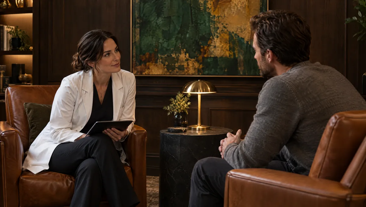 A Nurse Practitioner and a man in conversation in The Study.